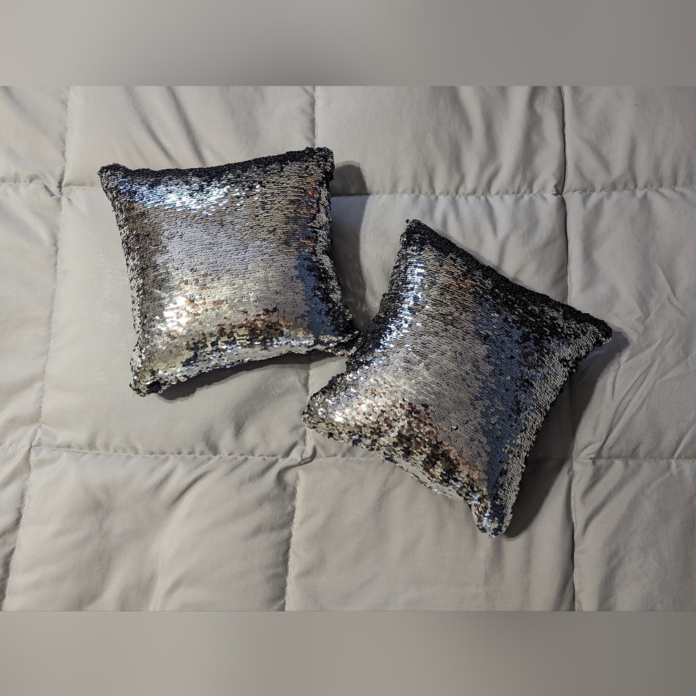 Small Decorative Black Silver Double Sided Sequin Throw Pillows 11 x 11 Inches